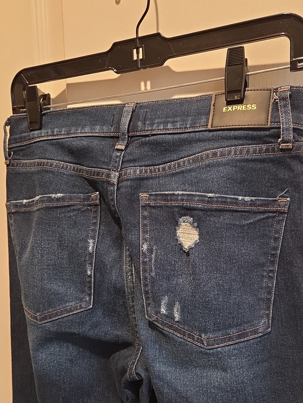Express Women's Dark Indigo Slim Jeans with Distressed Back